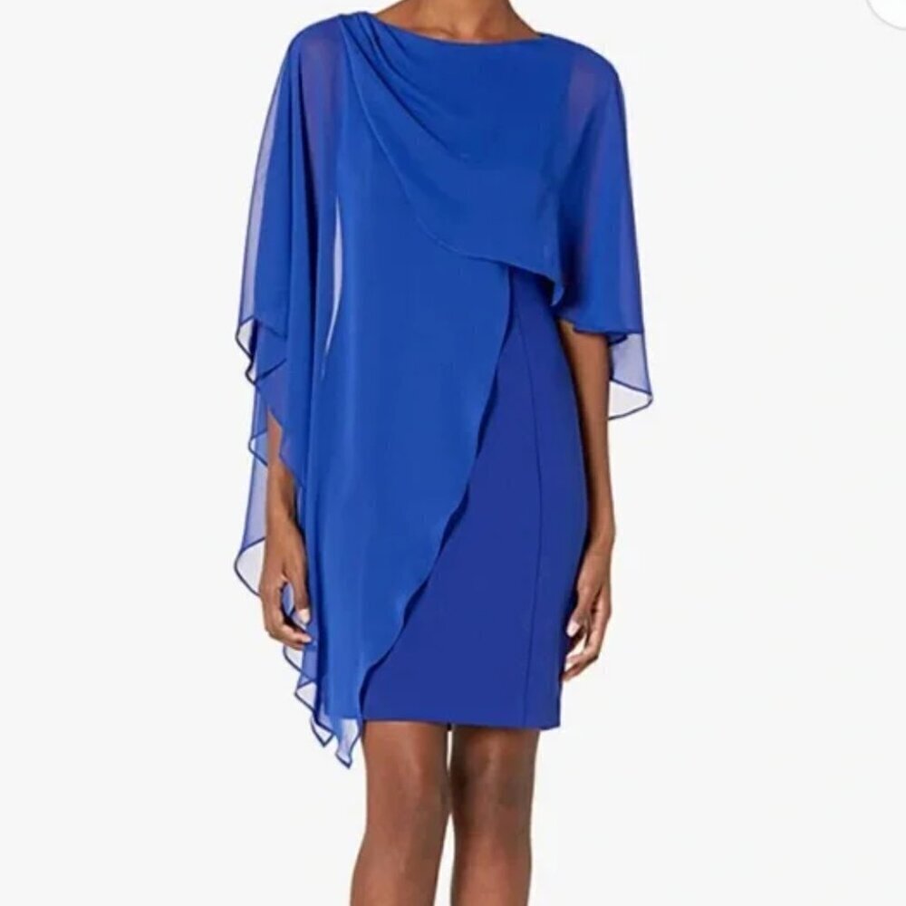 Eliza J Chiffon Cape Draped Sleeveless Blue 4 Sheath Evening Dress